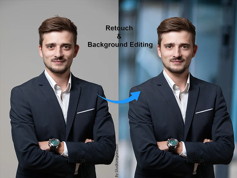 Portrait CV-LinkedIn Pro : avant et après retouche, fond de studio remplacé par un décor de bureau